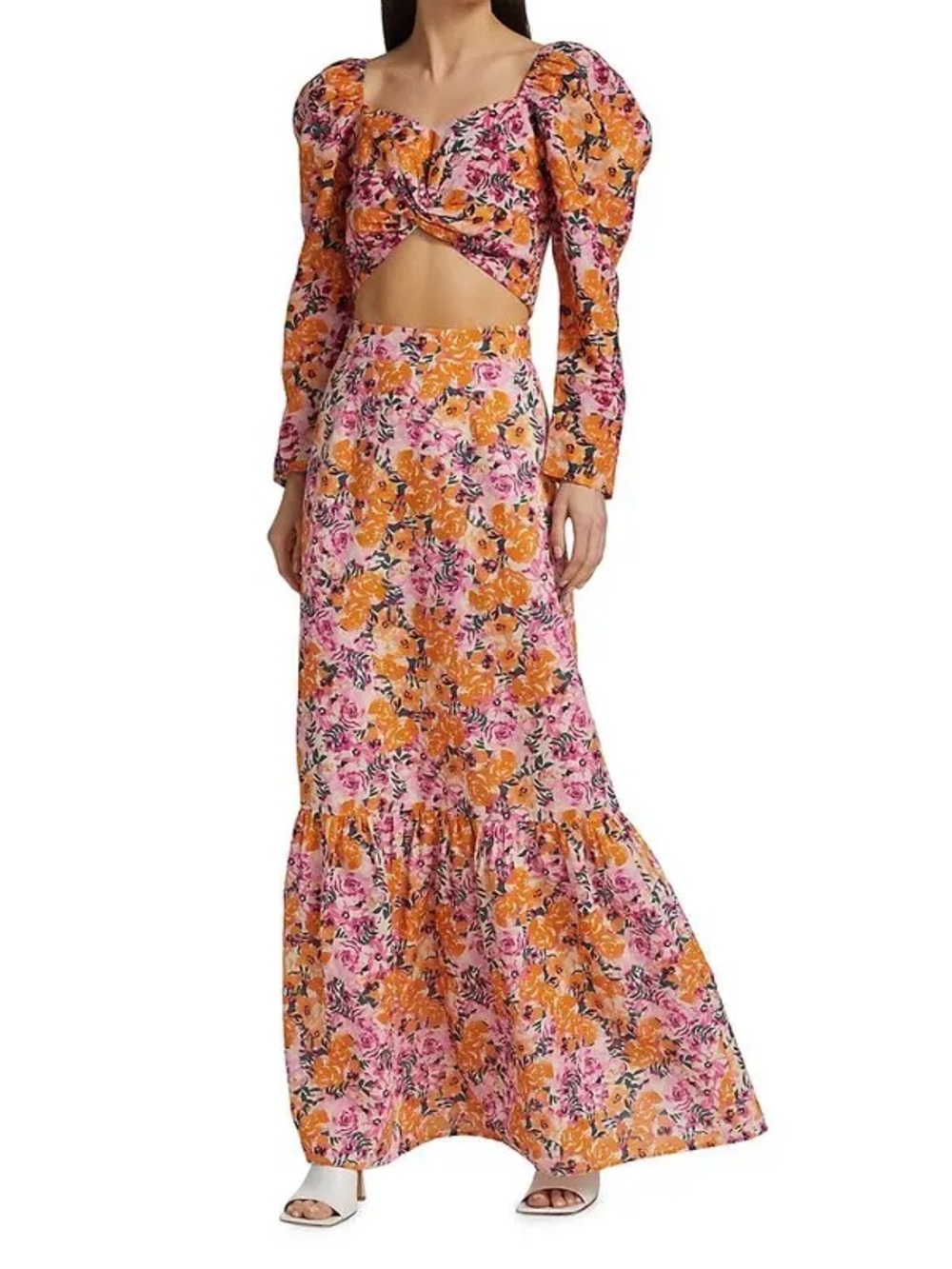 Something Navy Floral Puff Shoulder Crop Top, lightweight, Summer Orange/Pink